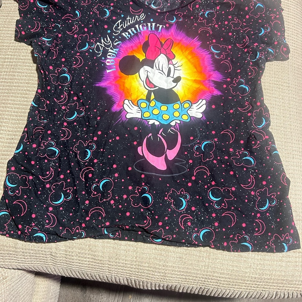 Disney Girls' Minnie Mouse Black Graphic Tee with Pink, Yellow & Blue Accents